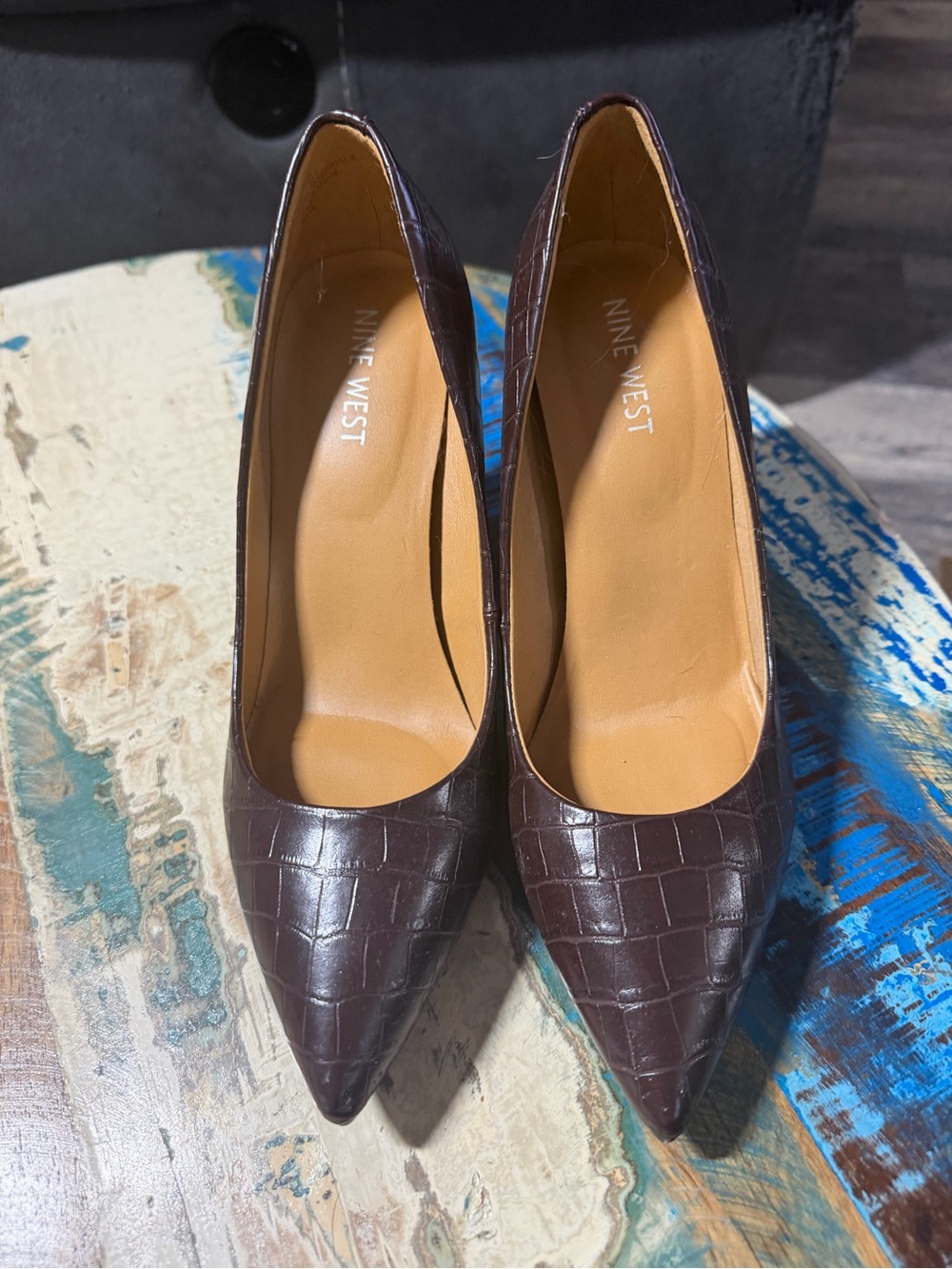 Nine West Croc-Embossed Pointed Toe Pumps in Brown